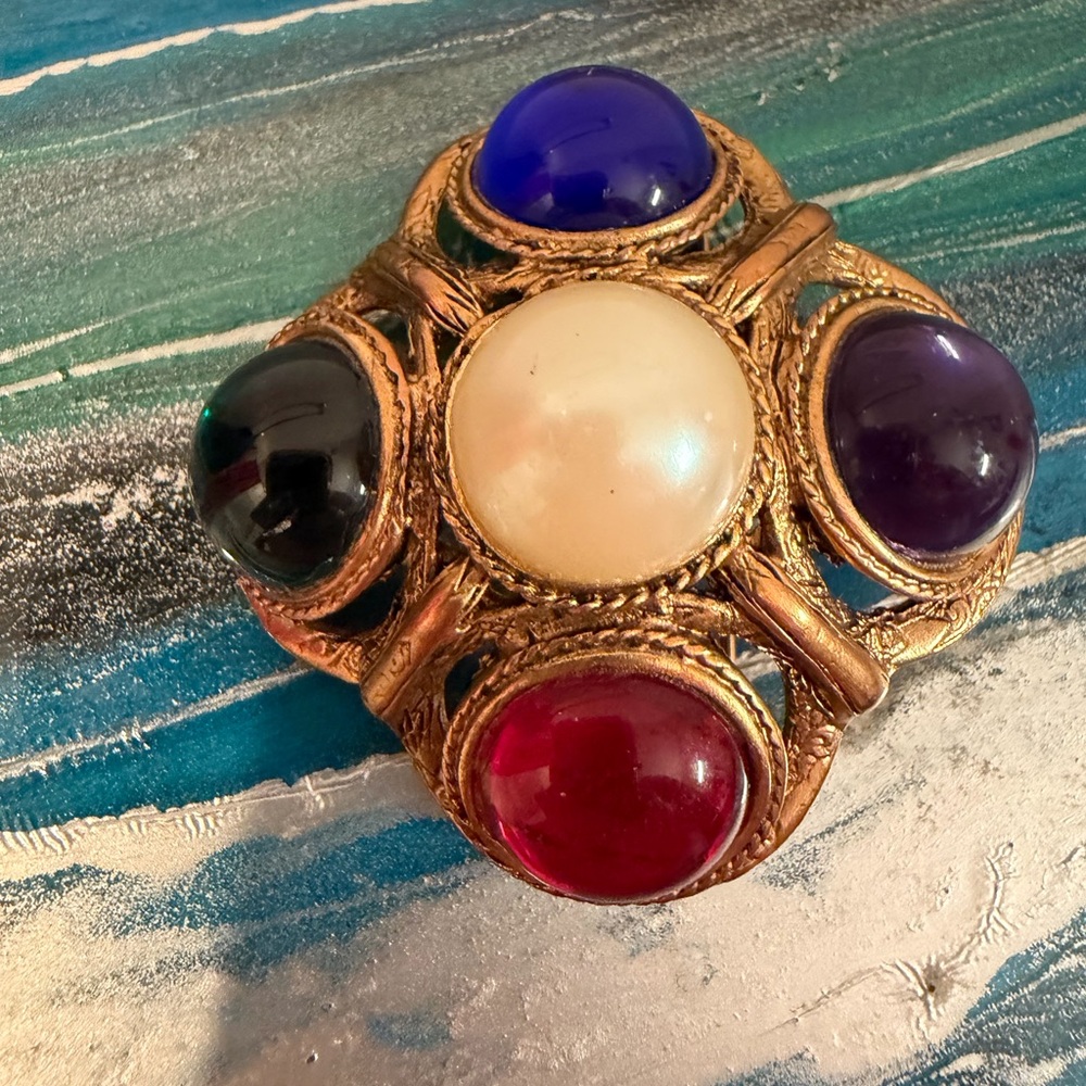 Vintage Byzantine Design Brooch with Cabachons